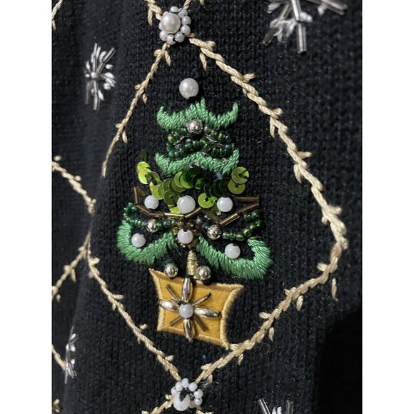 OHI Vintage Black Christmas Holiday Knit Cardigan Sweater Embroidered Beaded - Picture 13 of 13